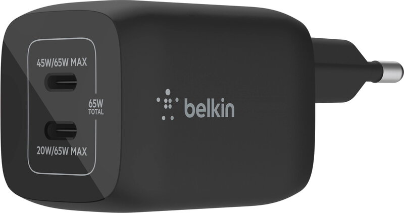 Belkin - 65W GaN Dual PD/PPS mini snabbladdare för laptop, mobil, surfplatta - Svart