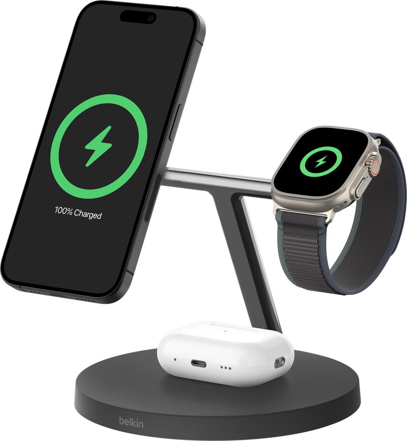 Belkin BoostCharge Pro 3-in-1 Qi2 trådlöst laddningsstativ (svart)