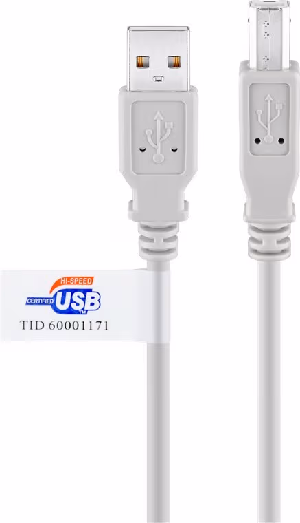 USB-A till USB-B-kabel, certifierad, 5 m, grå