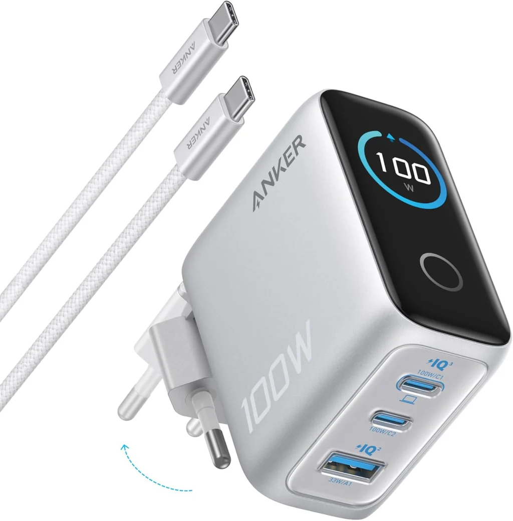 Anker Charger 100W USB C Ultra-Compact 3-Port GaN Fast Wall Adapter with Smart Display and