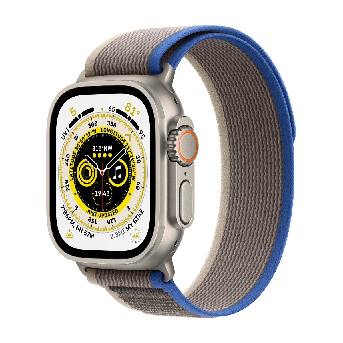 Apple Watch Ultra GPS + Cellular, 49 mm Titanboett med blått/grått Terrängloop - S/M