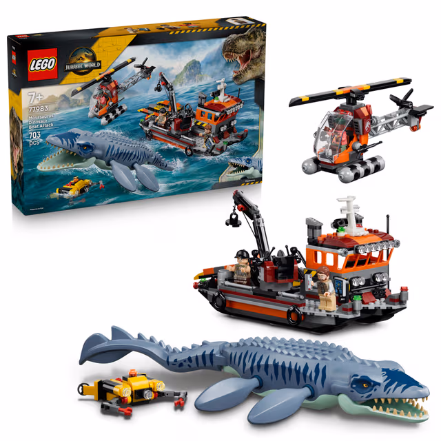 LEGO Jurassic World Dinosaurieattack med båt och mosasaurus 77983