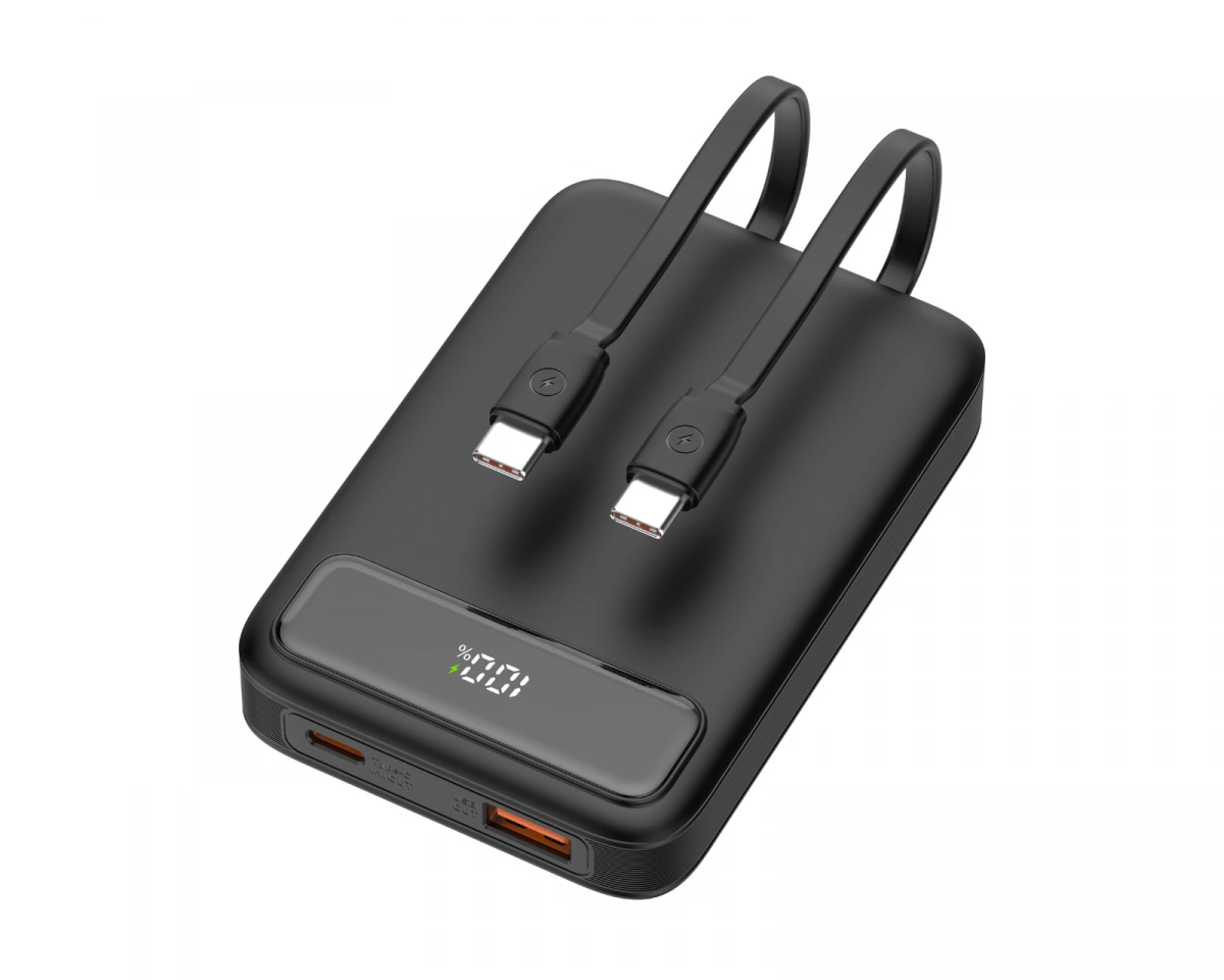 Deltaco 10.000 mAh Powerbank med dubbla USB-C-kablar - Svart