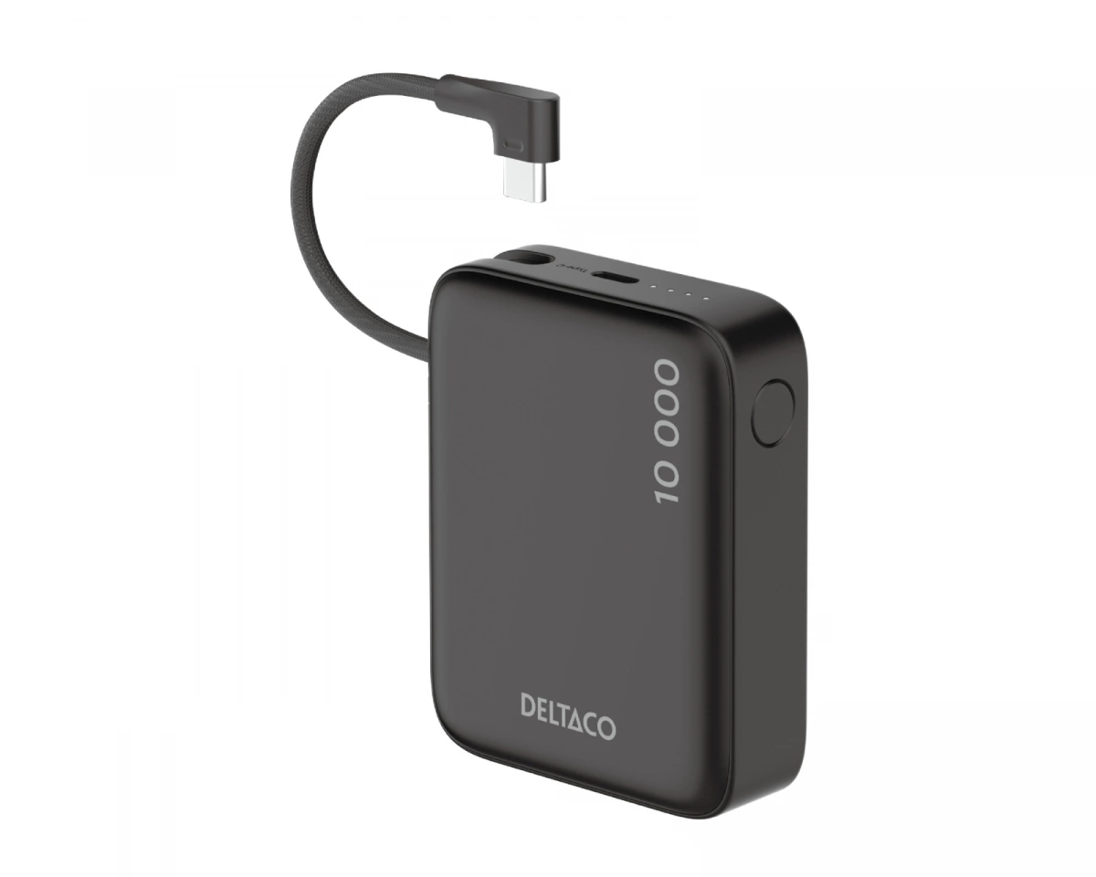 Deltaco 10.000 mAh Powerbank med inbyggd tygkabel - Svart