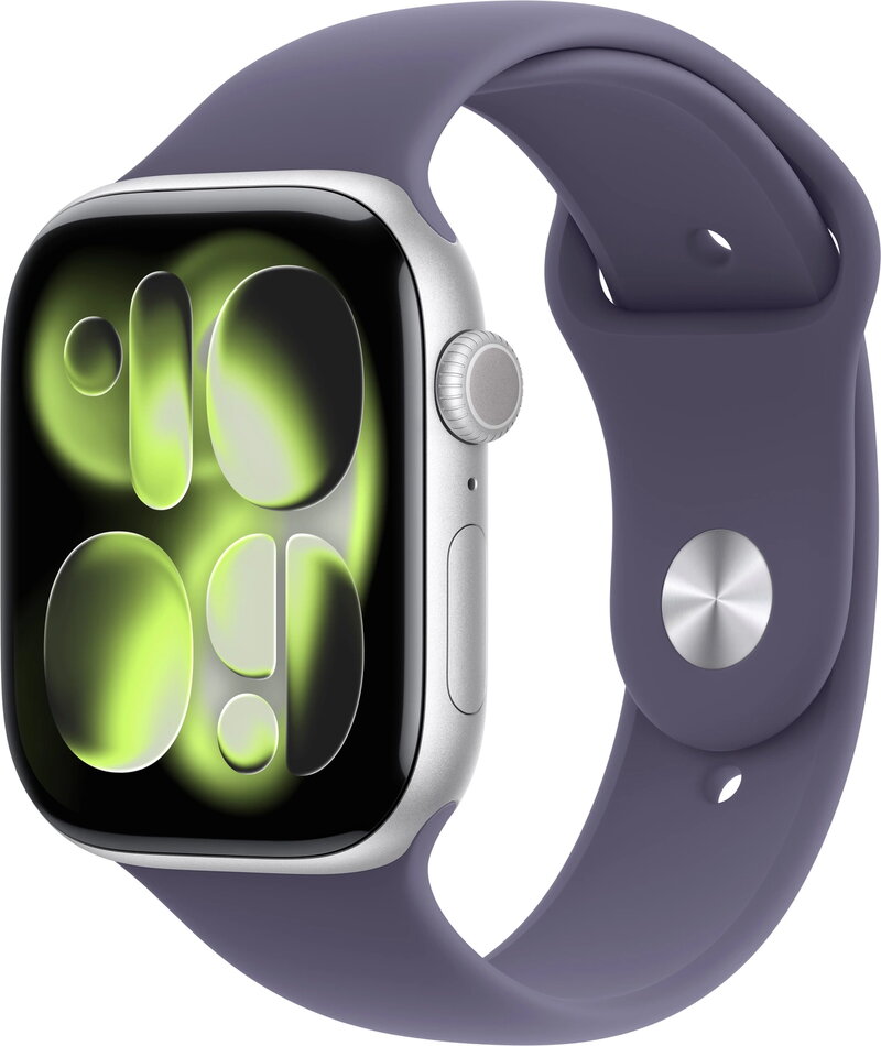 Apple Watch Series 11 GPS + Cellular 46mm Silver Aluminiumboett med Purpurdimma Sportband - S/M