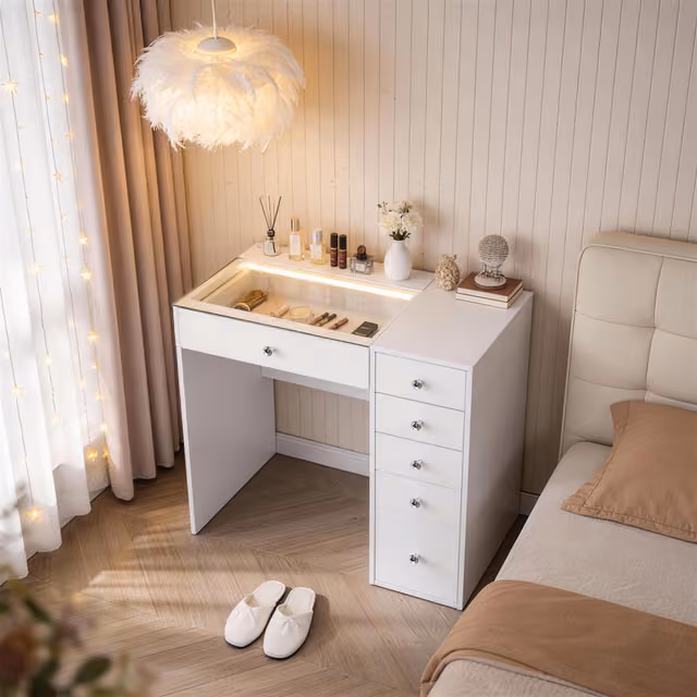 VANITII Sminkbord med Belysning LED Toalettbord 6 Lådor Vit 92 x 55 x 81 cm