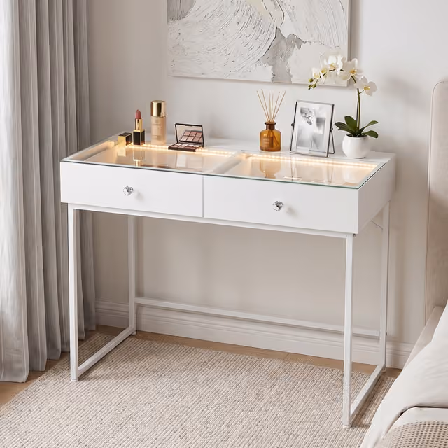 VANITII Sminkbord med Belysning LED Toalettbord 2 Lådor Vit 100 x 55 x 81 cm