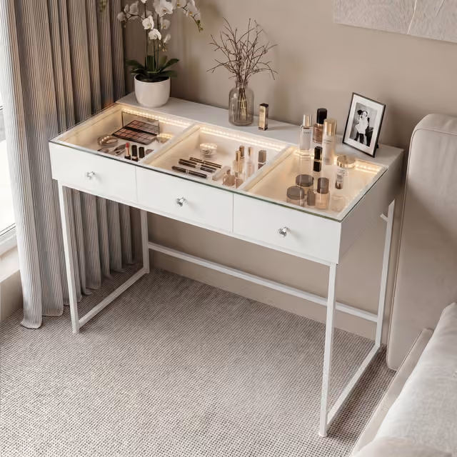 VANITII Sminkbord med Belysning LED Toalettbord 3 Lådor Vit 115 x 55 x 81 cm