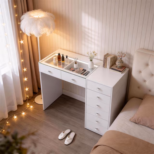 VANITII Sminkbord med Belysning LED Toalettbord 8 Lådor Vit 120 x 55 x 81 cm
