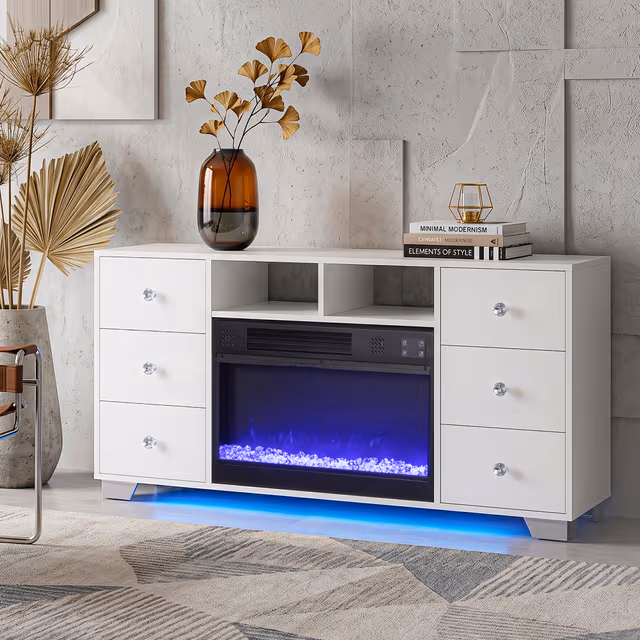 TV bänk med belysning Elektrisk öppen Spis LED RGB 6 Lådor Vit 140 cm