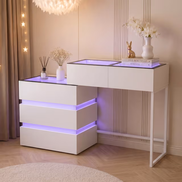 VANITII Sminkbord med Belysning LED RGB Toalettbord 5 Lådor Vit 130 x 40 x 81 cm