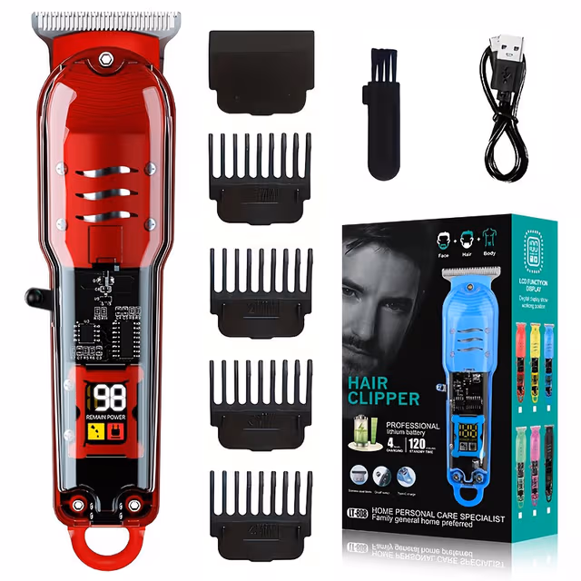 Professionell Hårtrimmer med LED-display, Stålblad, Trådlös Red
