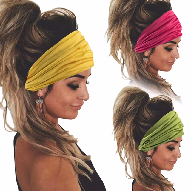 3-Pack Enfärgade Elastiska Sportpannband - Breda Yoga Svettband för Kvinnor yellow+red+green
