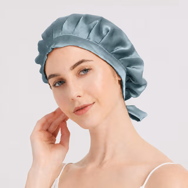 Justerbar sovmössa för långt hår, 100 % silke LightBlue