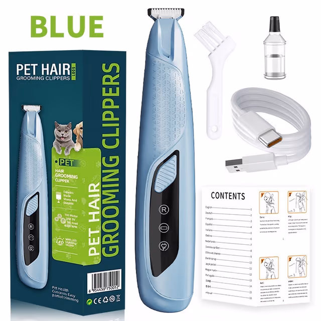 Pet Hair Grooming Clippers: LED-belysning, Tyst Drift & Snabb Laddning för Hundar och Katter Blue