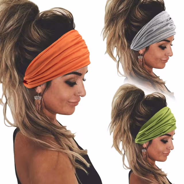 3-Pack Enfärgade Elastiska Sportpannband - Breda Yoga Svettband för Kvinnor orange+grey+green