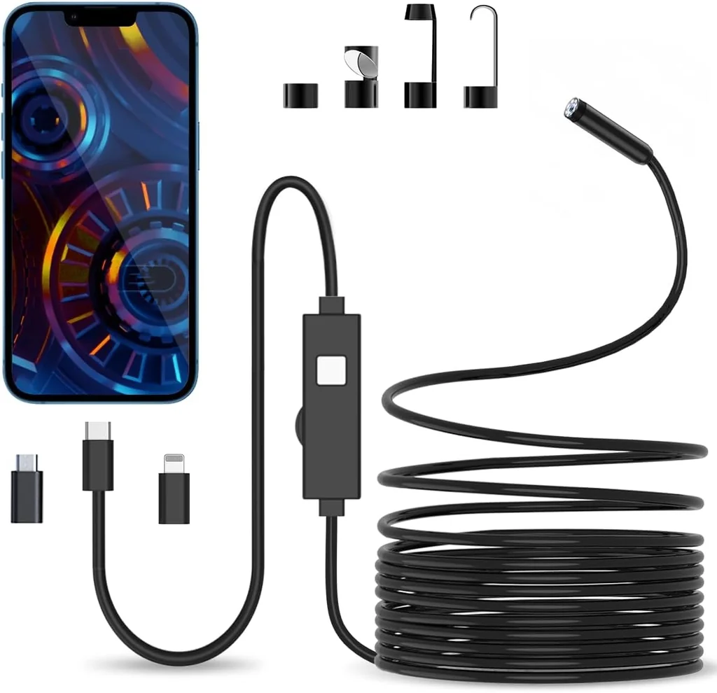 NÖRDIC Endoskopkamera för mobiltelefon med ljus, 10m 1080P HD, 8 LED-lampor, vattentät IP67, inget WiFi krävs, Android och iOS