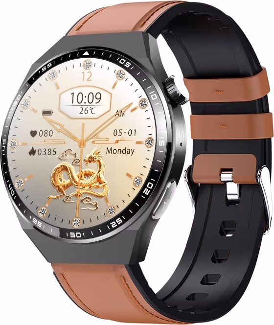 Smartklocka med EKG, kroppssammansättningsanalys, blodsammansättningsanalys (urinsyra, blodfetter) Black and Brown Leather strap
