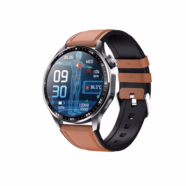 Smartklocka med EKG, Pulsmätare, Blodtrycksmätare & Stegräknare Black and Brown Leather strap