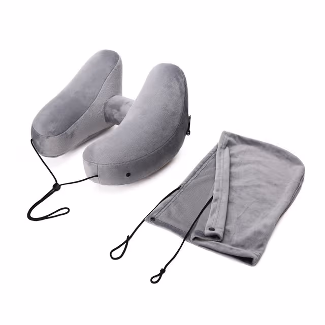 Uppblåsbar Resekudde med Huva – Ergonomisk Nackkudde för Flyg, Tåg och Bilresor Grey