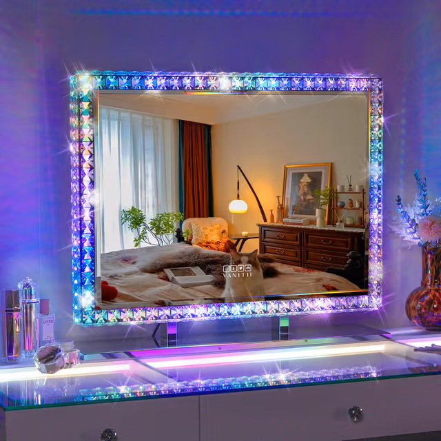 VANITII Hollywood-sminkspegel med belysning Bluetooth diamantglitter metallbas Vit 80x60 cm
