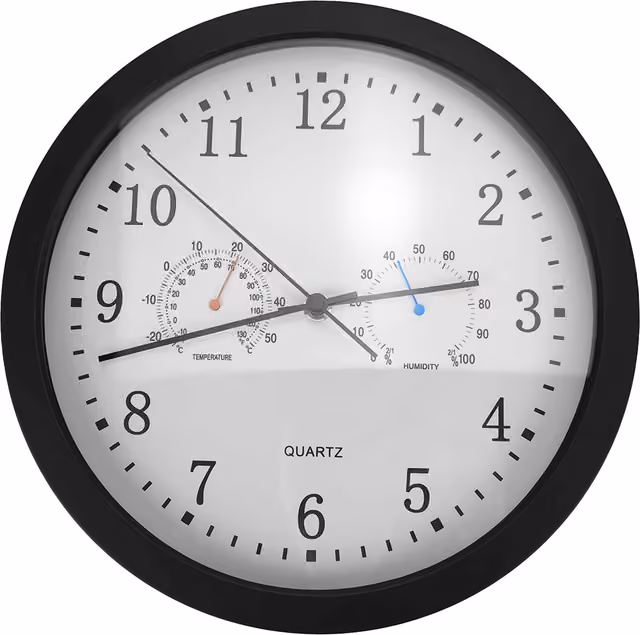 Tyst väggklocka med termometer och hygrometer, 30 cm diameter Black