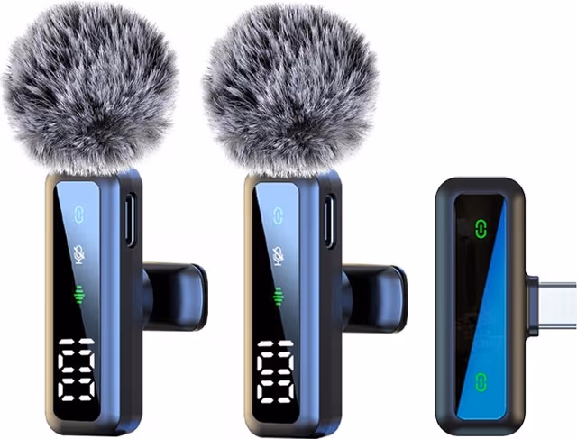 DUBBEL TRÅDLÖS LAVALIER MIKROFON MED TYPE-C - DIGITAL DISPLAY, BRUSREDUCERING FÖR INTERVJUER OCH STREAMING