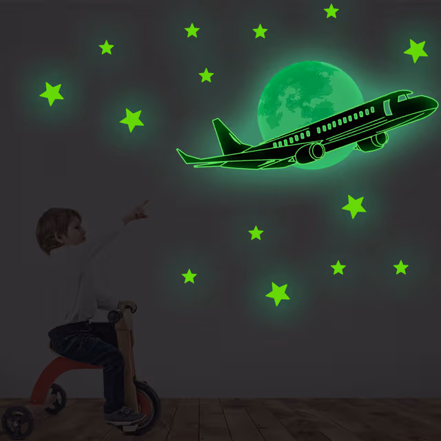 Självlysande Klistermärken, Stjärn- och Flygplansmotiv Green
