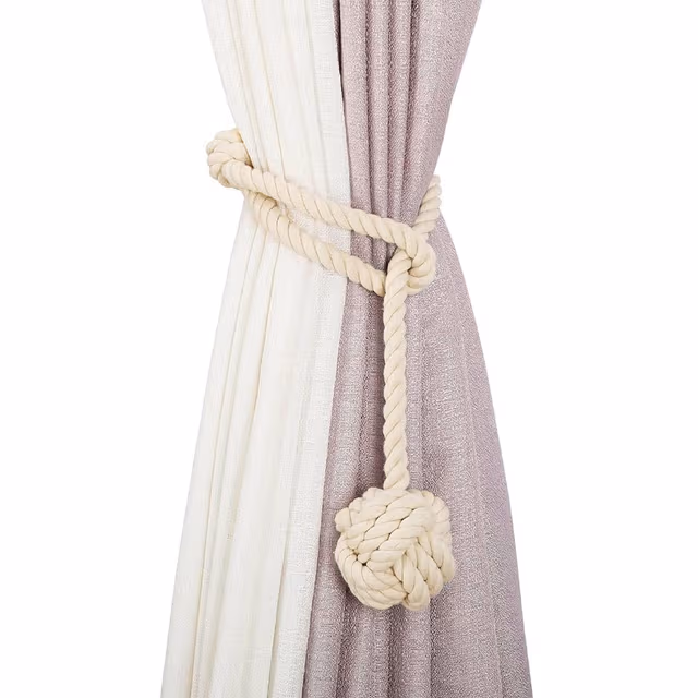 Handgjorda Gardinomtag av Bomullsrep med Boll - 2-pack, Nordisk Stil Beige