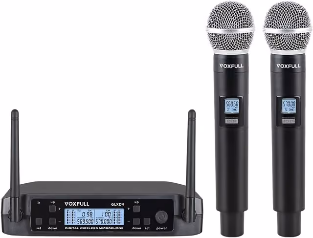 NÖRDIC Trådlöst dubbelt mikrofonsystem med 2 dynamiska mikrofoner, justerbara UHF-kanaler, 50m räckvidd, trådlösa mikrofoner för karaoke