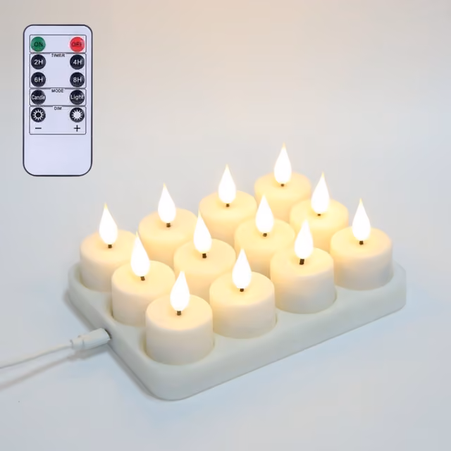Uppladdningsbara LED-värmeljus med fjärrkontroll, varmvitt, 12-pack
