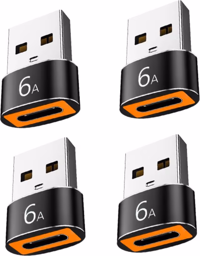 USB A till USB-C-adapter PD 6A, Aluminium, Svart Dubbelblank, 4-pack