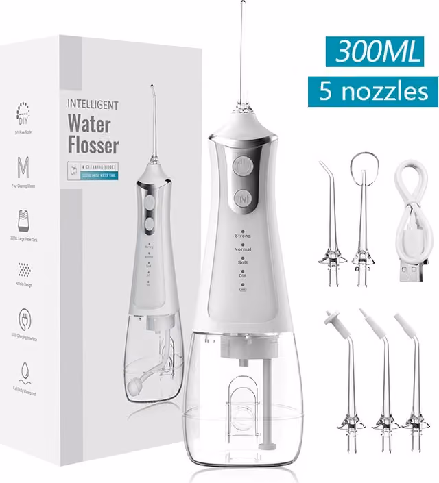 Bärbar Elektrisk Vattenflosser med 5 Munstycken & 4 Lägen för Hemma & Resa White