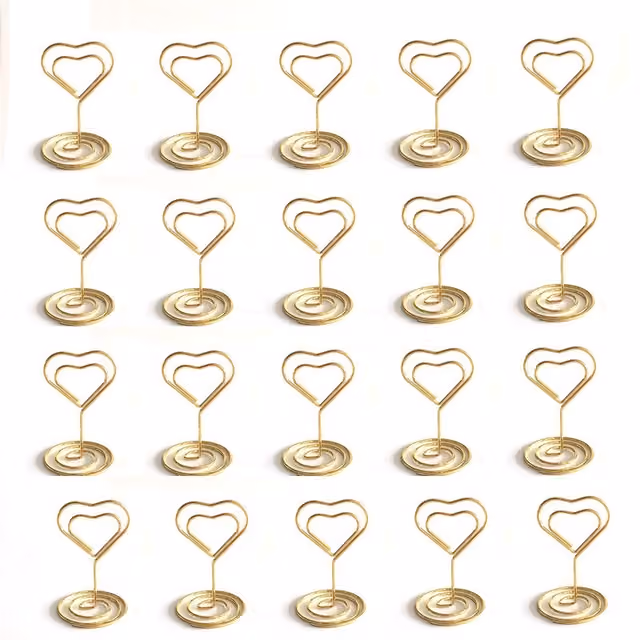 45mm Hjärtformade Memoklämmor - 20-pack Metallkorthållare för Bröllopsbord Gold