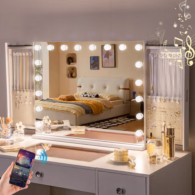 VANITII Hollywood-sminkspegel med belysning Bluetooth, inbyggt smyckesskåp, metallram vit 80x60 cm