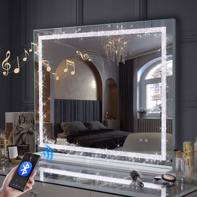 VANITII Hollywood sminkspegel med kristalljusremsa Bluetooth 100x80 cm