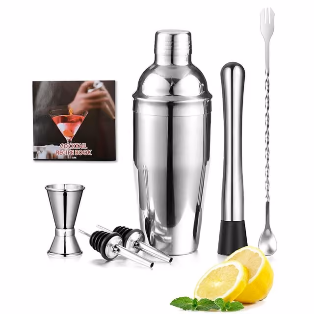 Cocktailset 7 delar shaker mått jigger muddler barsked hällpipar receptbok