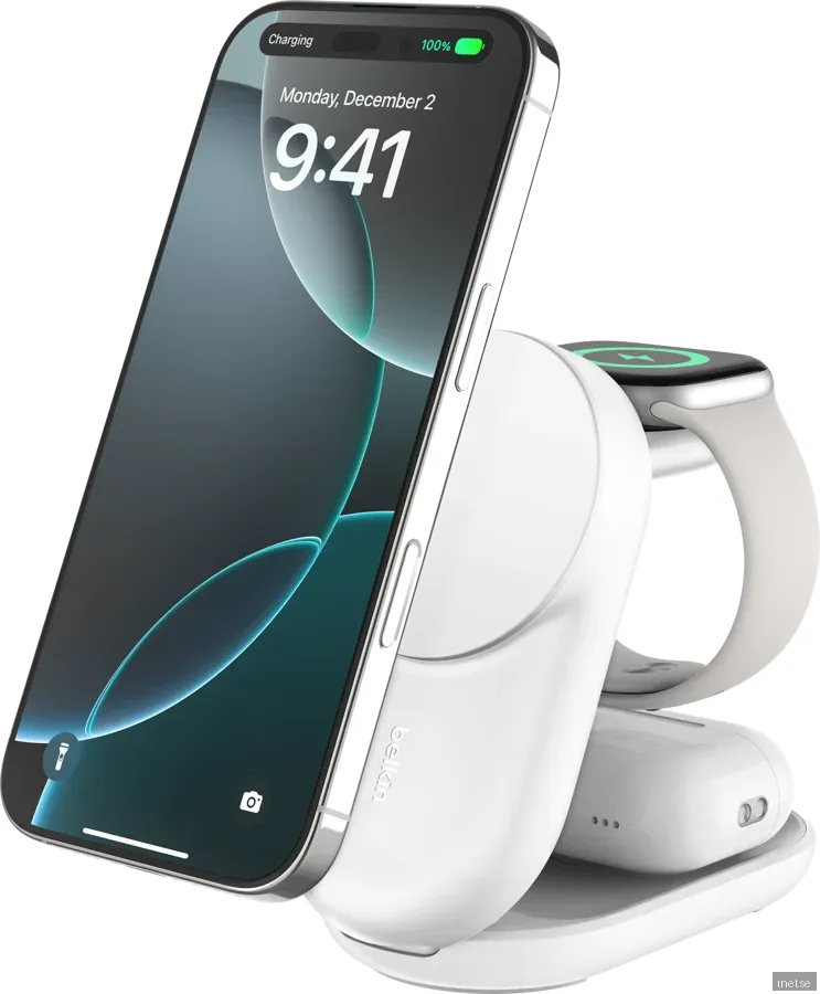 Belkin 25W Qi2 3-i-1 magnetisk laddare (vit)