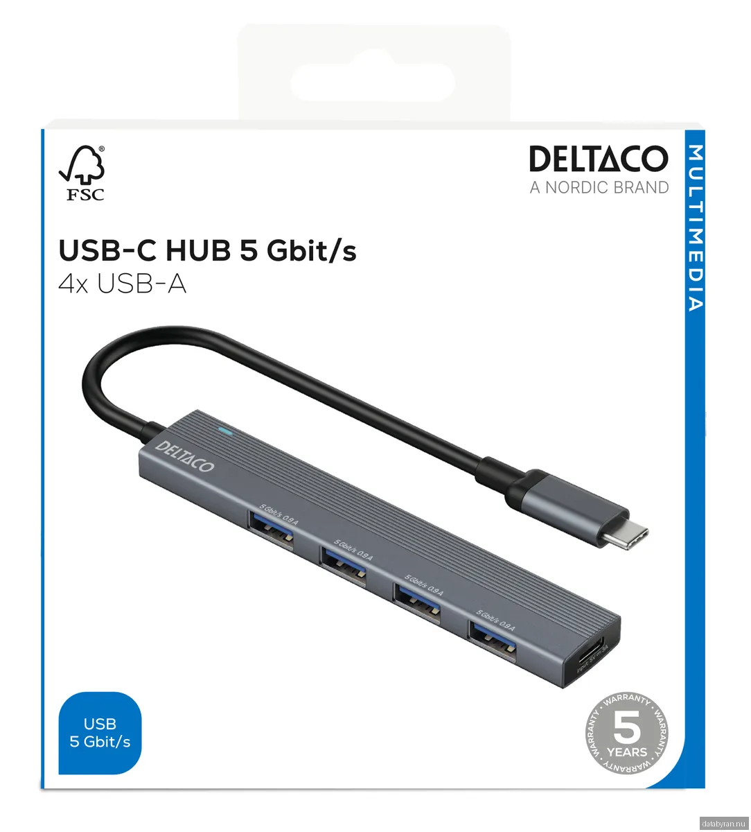 Deltaco USB-C Hub 5 Gbps - 4x USB-A Female USB Hub - 4 porte - Silver