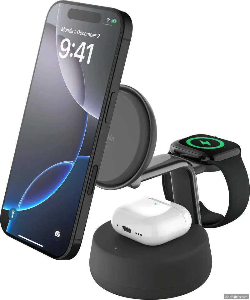 Belkin 3in1 Qi2 25W trådlös laddare (kol)