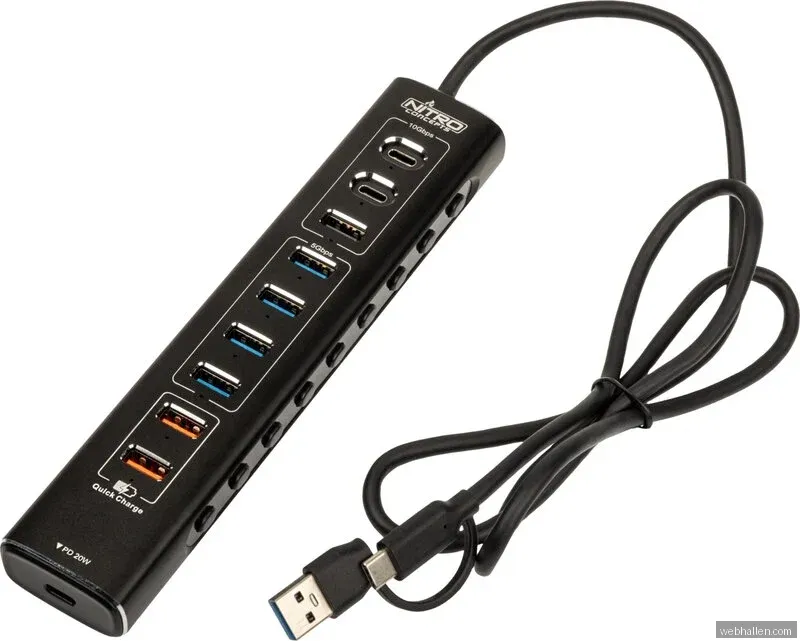 Nitro Concepts UH1 10-Port HYBRID USB HUB USB Hub - 10 porte - Svart