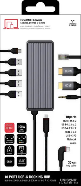 Unisynk 10-Port USB-C hub (grå)