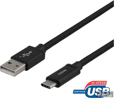 DELTACO USB 2.0-kabel C-A Flätad Svart 1 m