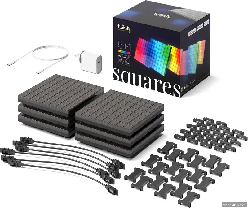 Twinkly Squares Starter Kit – 5+1 app-kontrollerade LED-paneler med 64 RGB-pixlar. Svart.
