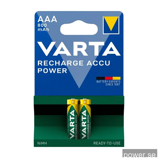 VARTA Recharge Accu Power uppladdningsbart AAA batteri 800mAh, 2 st