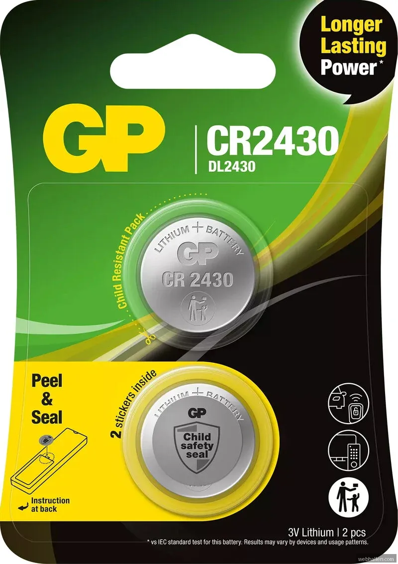 GP knappcell, Litium, CR2430, Safety seal, 2-pack