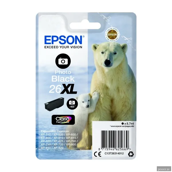 Epson 26XL Claria Premium Ink, Foto-Svart, 400 sidor