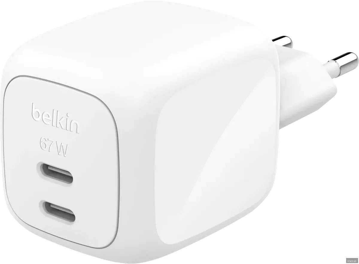Belkin Dual USB-C PD GaN 67W väggladdare (vit)