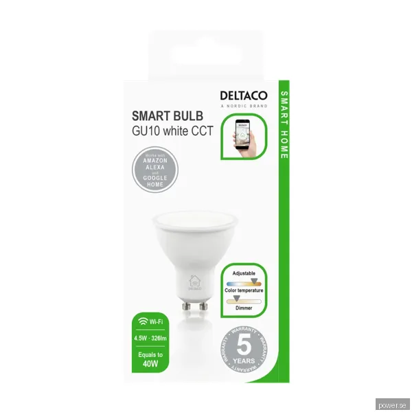Deltaco SMART HOME LED-lampa, GU10, WiFI, 4.5W, 2700K-6500K, dimbar, vit