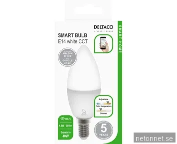 Deltaco SMART HOME LED-lampa, E14, WiFI, 4.5W, 2700K-6500K, dimbar, vit